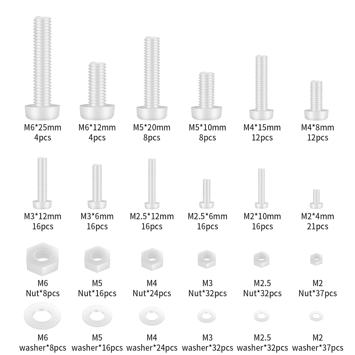 447 Pcs White Nylon Plastic Pan Round Head Screws Bolts and Nuts and Gaskets, Metric Full Threaded Hex Head Screws Bolts and Nuts and Washers Assortment Set - M2/M2.5/M3/M4/M5/M6 - Image 2